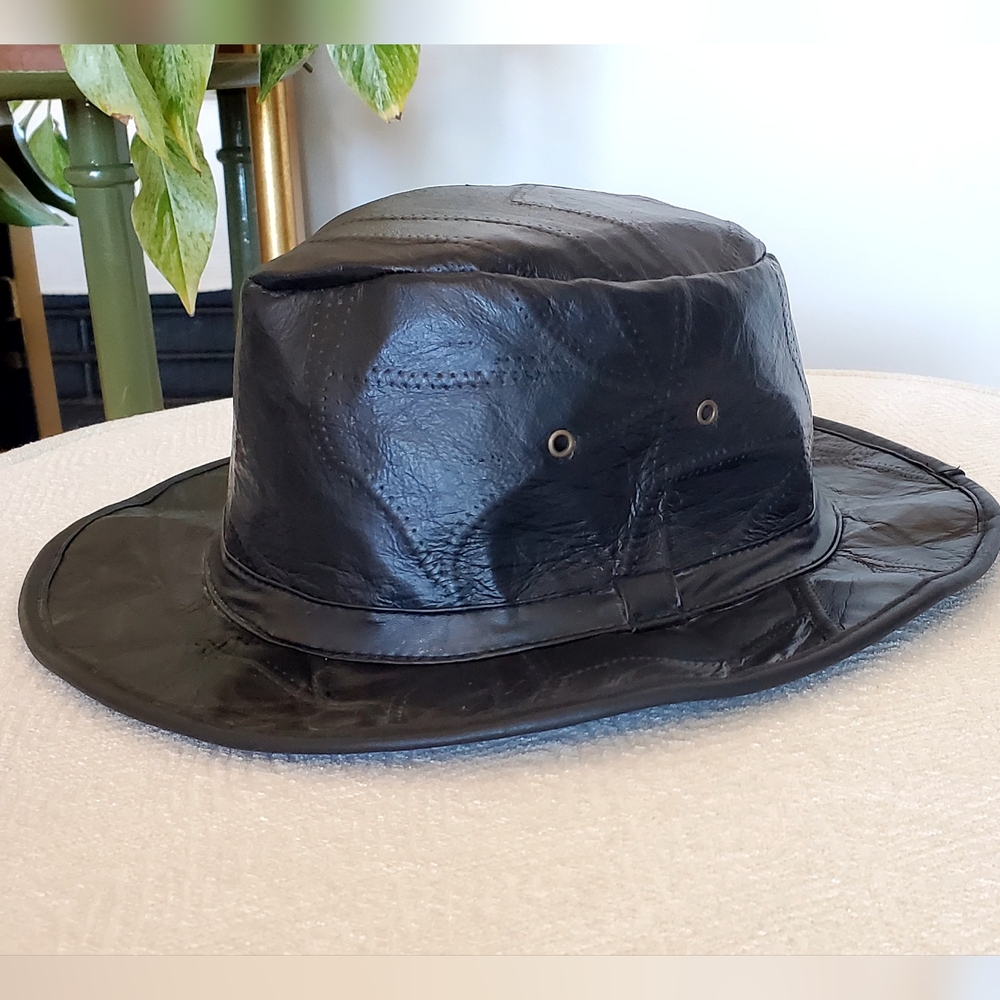 Black Genuine Leather Patchwork Fedora Hat, OS, L… - image 2